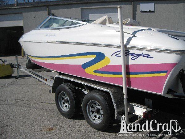 Baja boat with faded and chalky exterior finish in multiple gelcoat colors