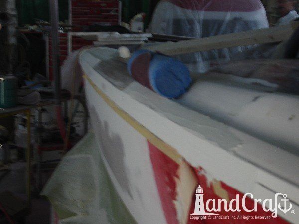 Mastercraft boat side impact damage fiberglass repair in process