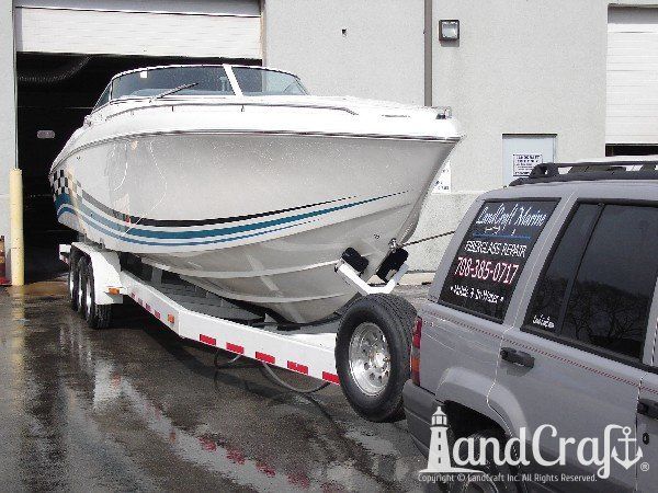 High performance boat getting multiple areas of gelcoat repaired