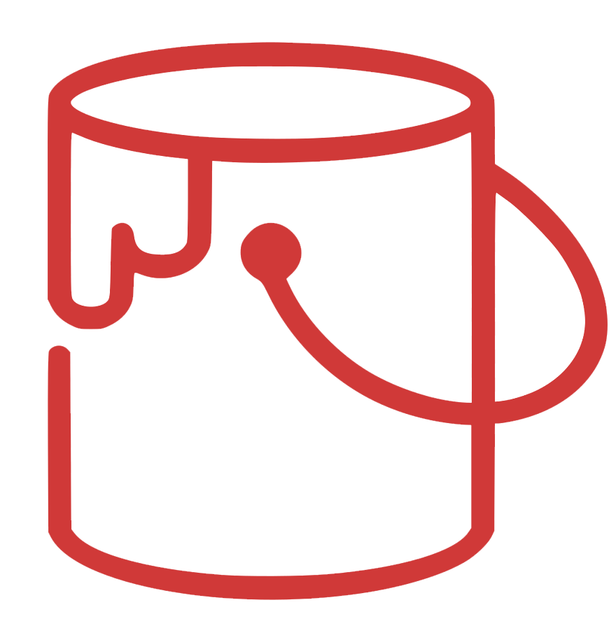 A red line drawing of a bucket of paint with a handle.