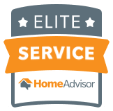 HomeAdvisor Elite Service badge: gray and orange emblem with