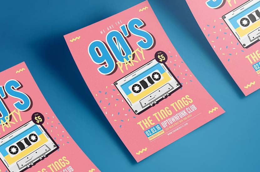 Flashy pink flyers advertising a 90's party