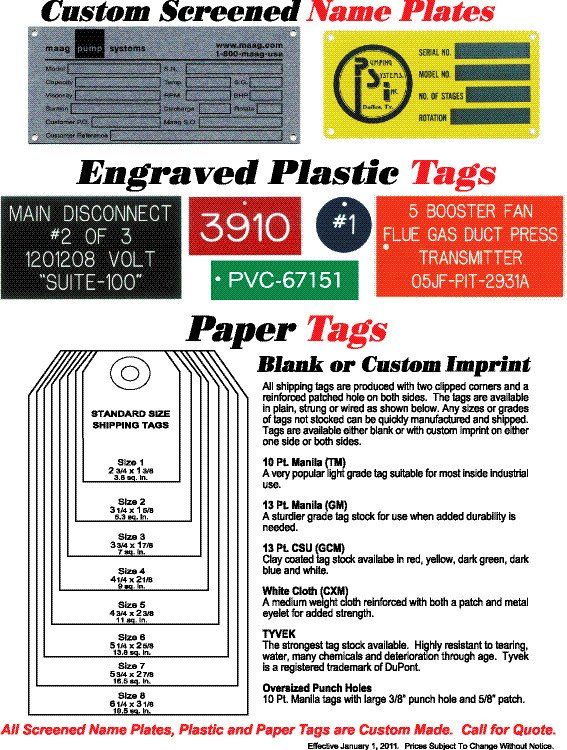 Tag Specifications — Charlotte, NC — C & M Enterprise, Inc.