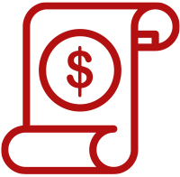 A red icon of a scroll with a dollar sign on it.
