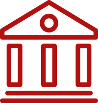 A red and white icon of a building with columns and a roof.