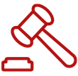 A red line drawing of a judge 's gavel and a piece of paper.