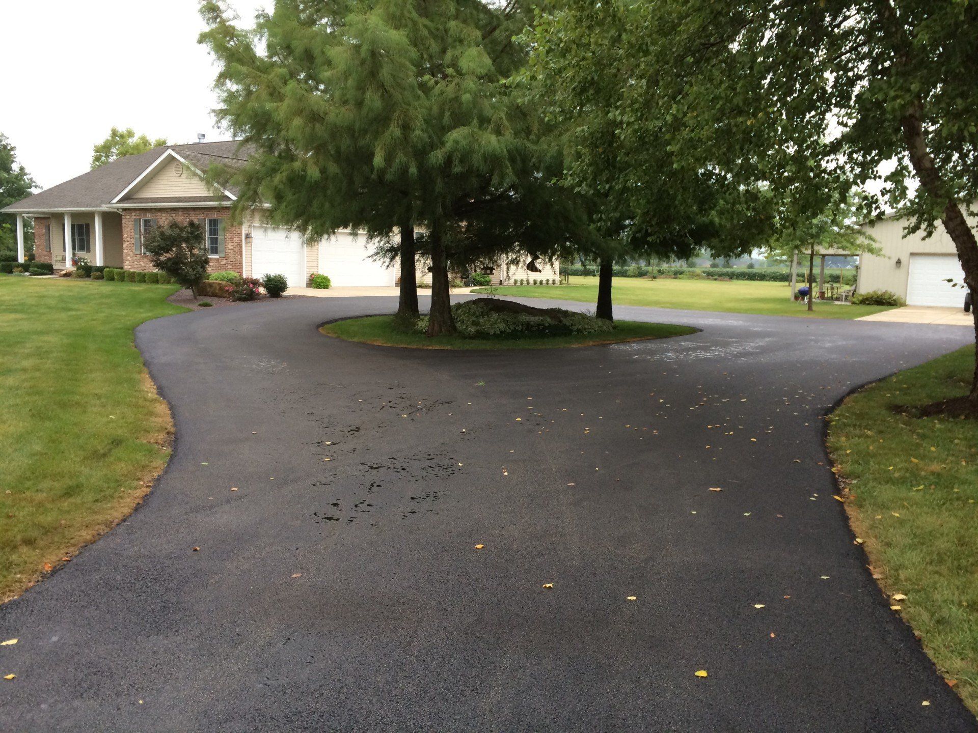 Black asphalt driveway curves toward a house with a circular island of trees in the center.