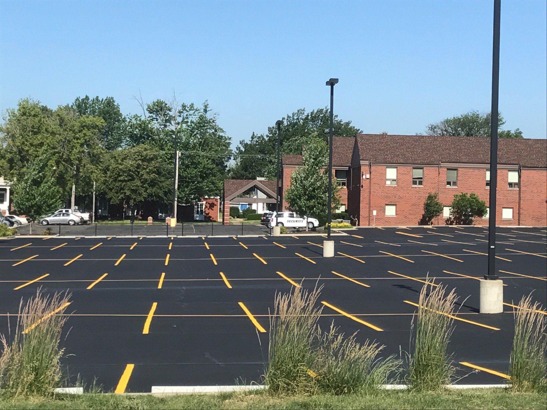 Empty parking lot with yellow lines, buildings, trees, and blue sky.