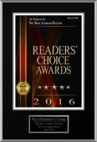 Framed Readers' Choice Award plaque from 2016 for Best Restaurant featuring gold, black, and red colors.