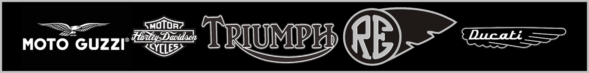 Moto guzzi harley davidson and triumph logos on a black background