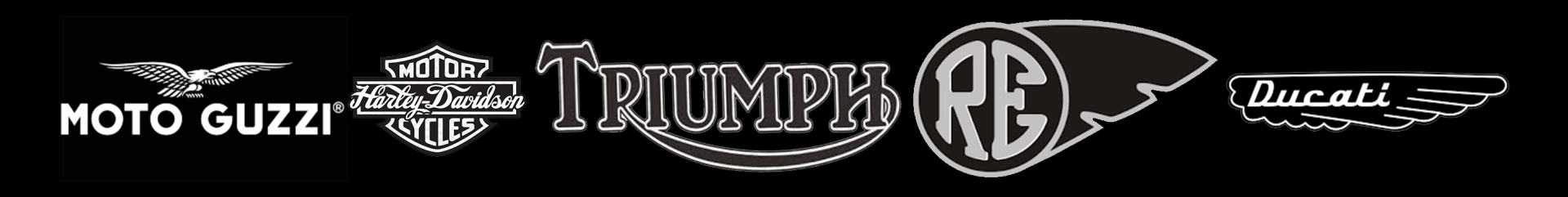 Moto guzzi harley davidson and triumph logos on a black background