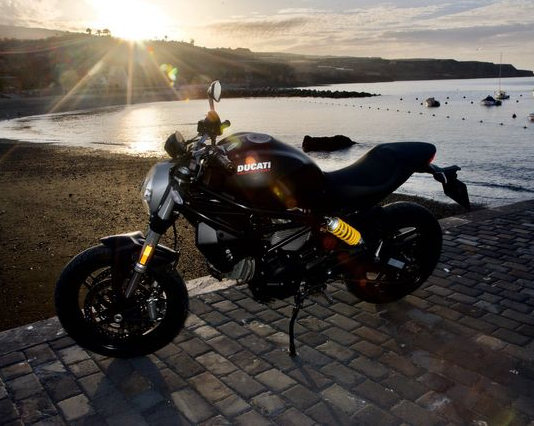 A ducati motorcycle is parked on a brick sidewalk near the water