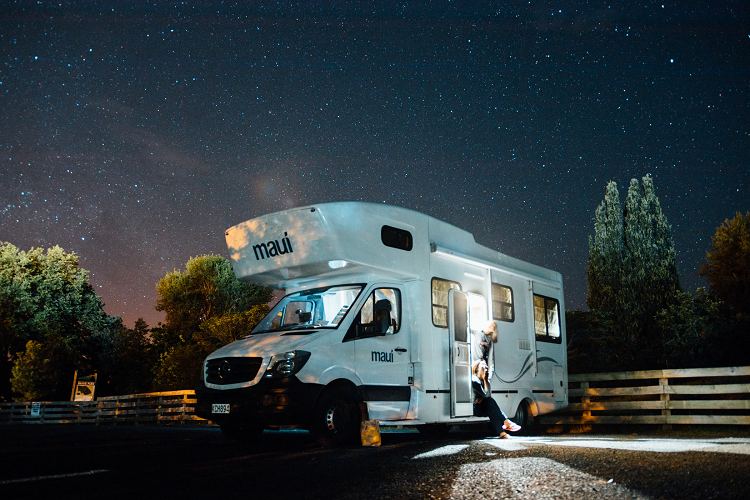 rv at night on road trip