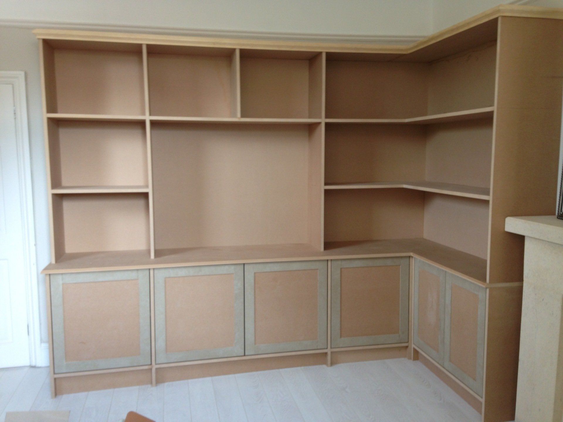Larger corner media storage unit. With shaker cupboard doors on soft close hinges. Shelving and space for Tv. Made out of MDF, in Bath