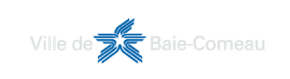 Logo de la ville de Baie-Comeau, texte blanc et motif d'étoile bleue.