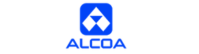 Logo Alcoa : carré bleu avec un losange blanc, « ALCOA » en dessous en bleu.