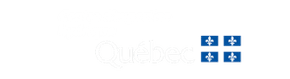 Quatre drapeaux du Québec dans un carré bleu sur fond blanc.
