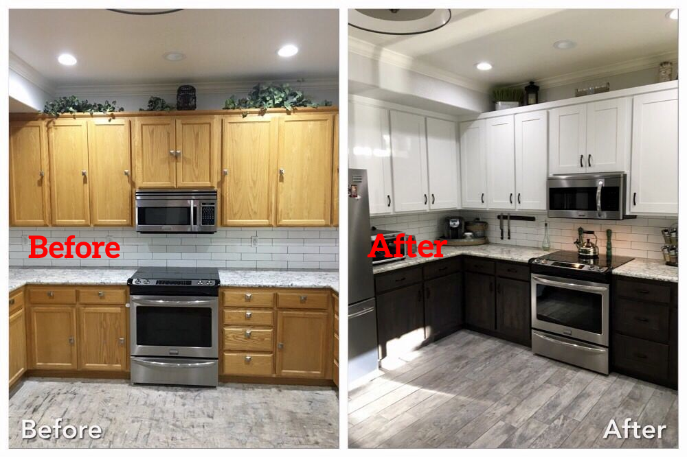 A before and after photo of a kitchen with wooden cabinets and stainless steel appliances.