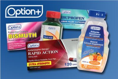 A bottle of ibuprofen and a box of bismuth are on a blue background.