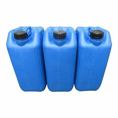 Three blue plastic containers with black lids are stacked on top of each other on a white background.