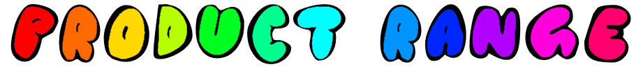 The word product range is written in rainbow colors