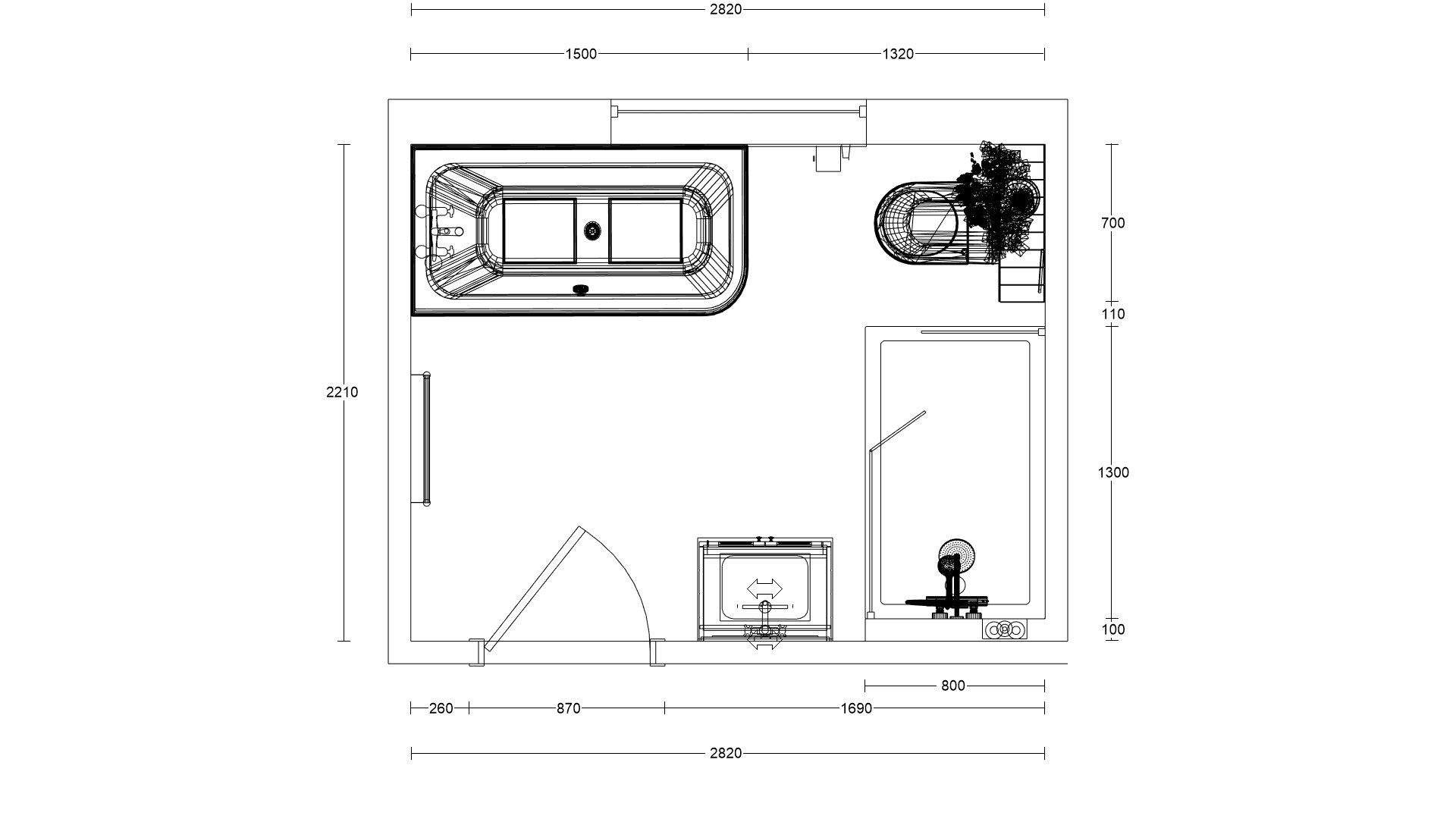 Bathroom floor plan showing bath, toilet, shower and vanity layout.Bathroom floor plan showing bath, toilet, shower and vanity layout.