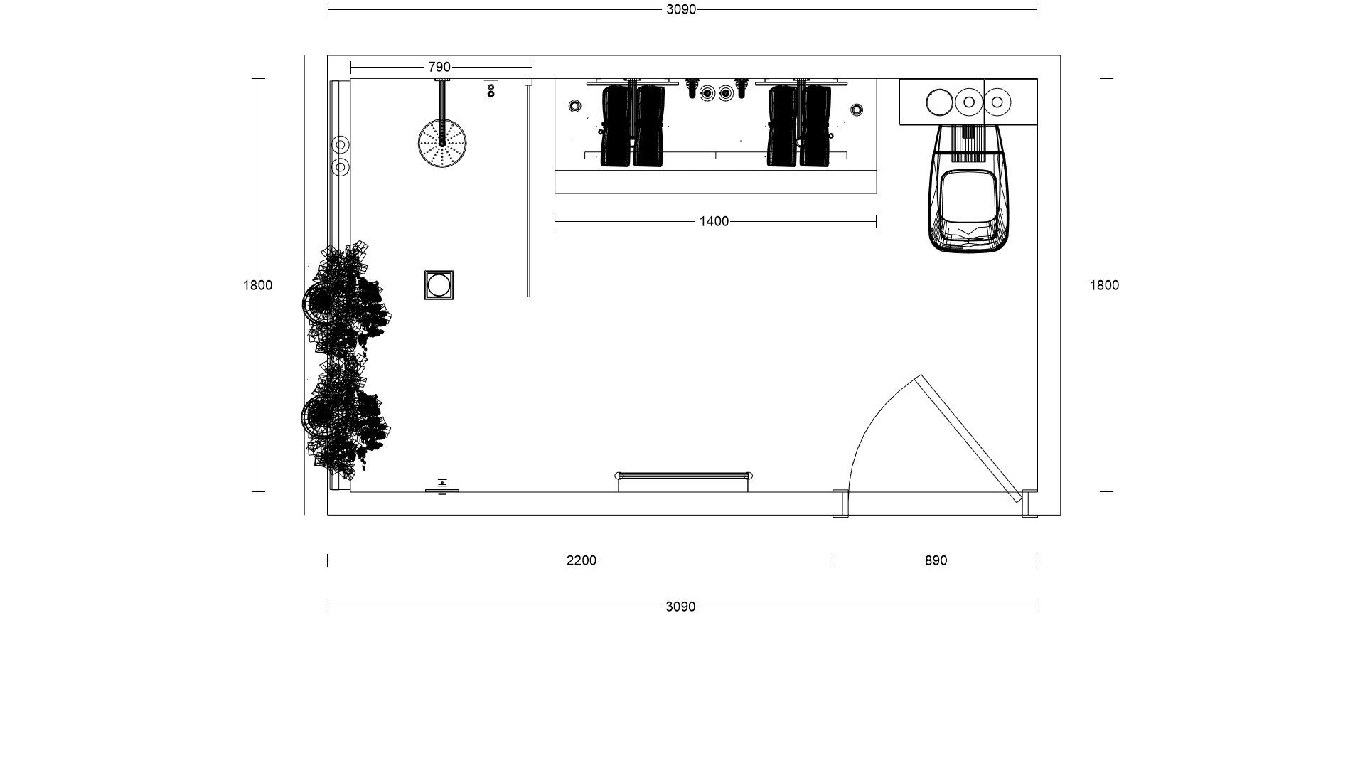 Bathroom floor plan showing shower, vanity and toilet layout.