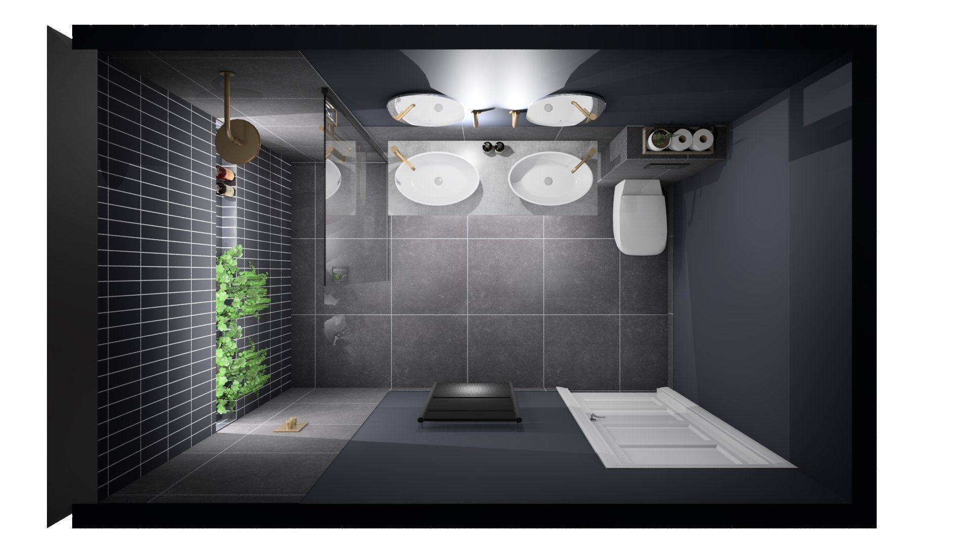 Overhead 3D design of a dark modern bathroom.