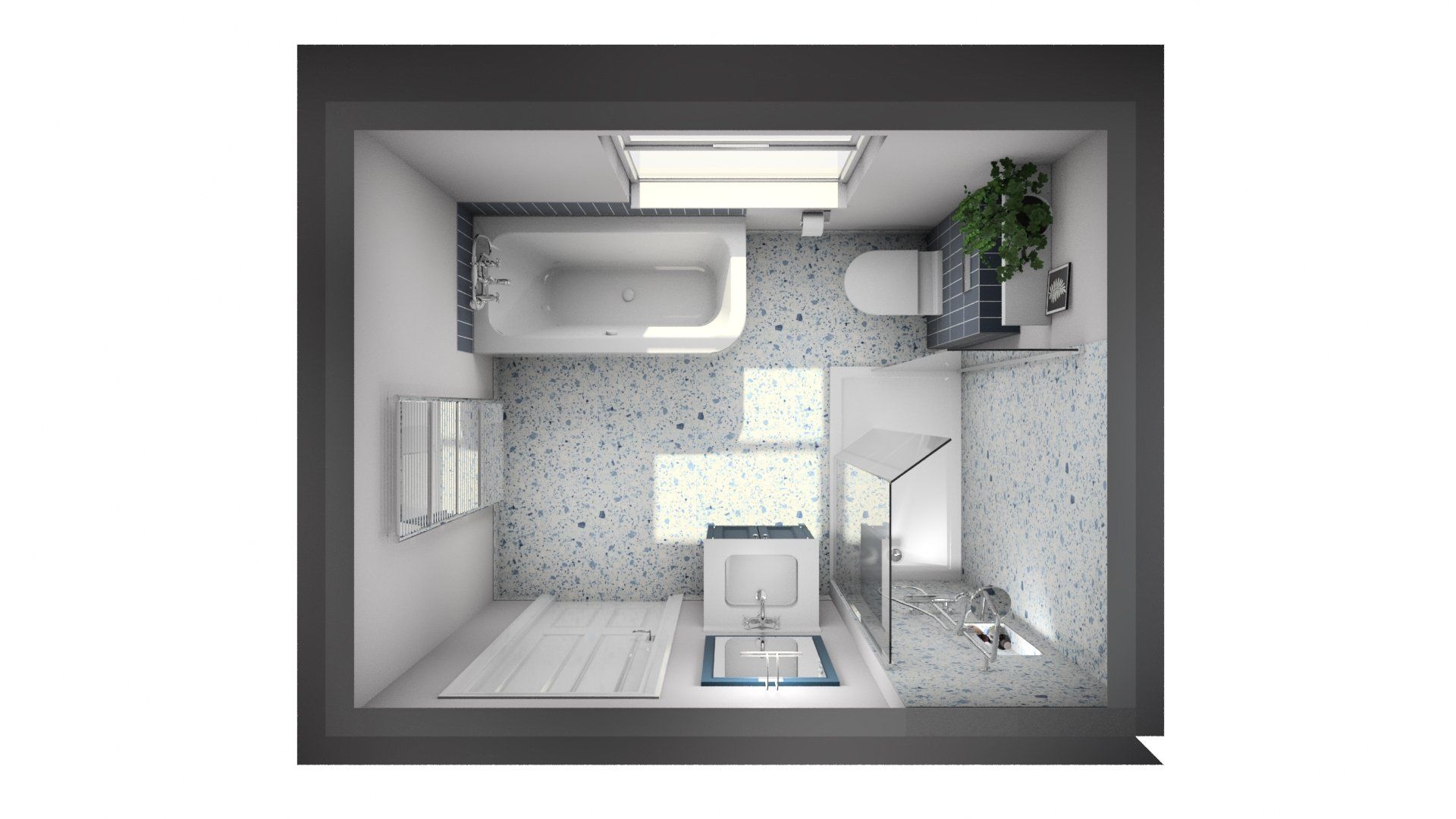 Overhead 3D bathroom design with bath, toilet and storage.
