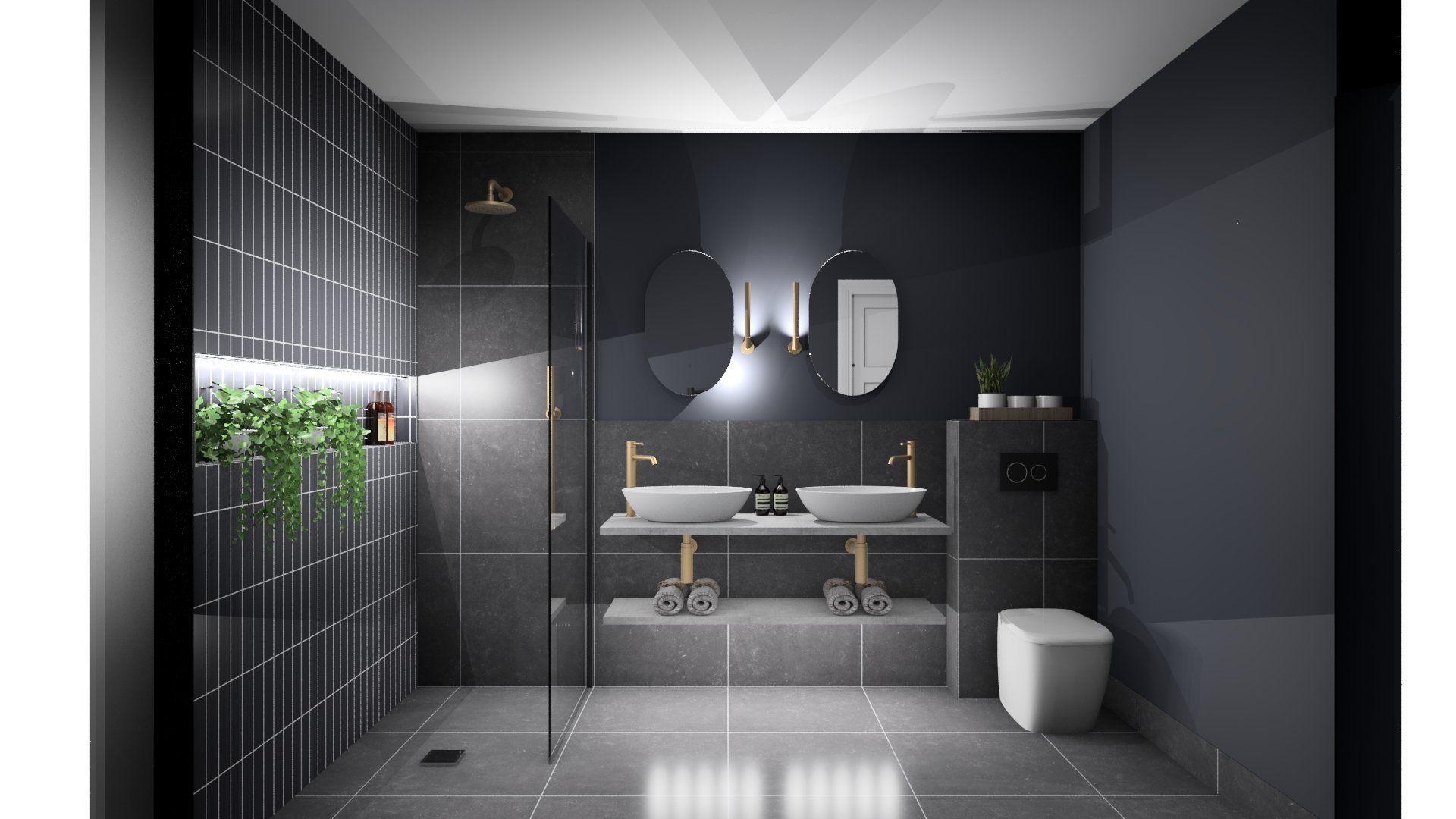 Overhead 3D design of a dark modern bathroom.