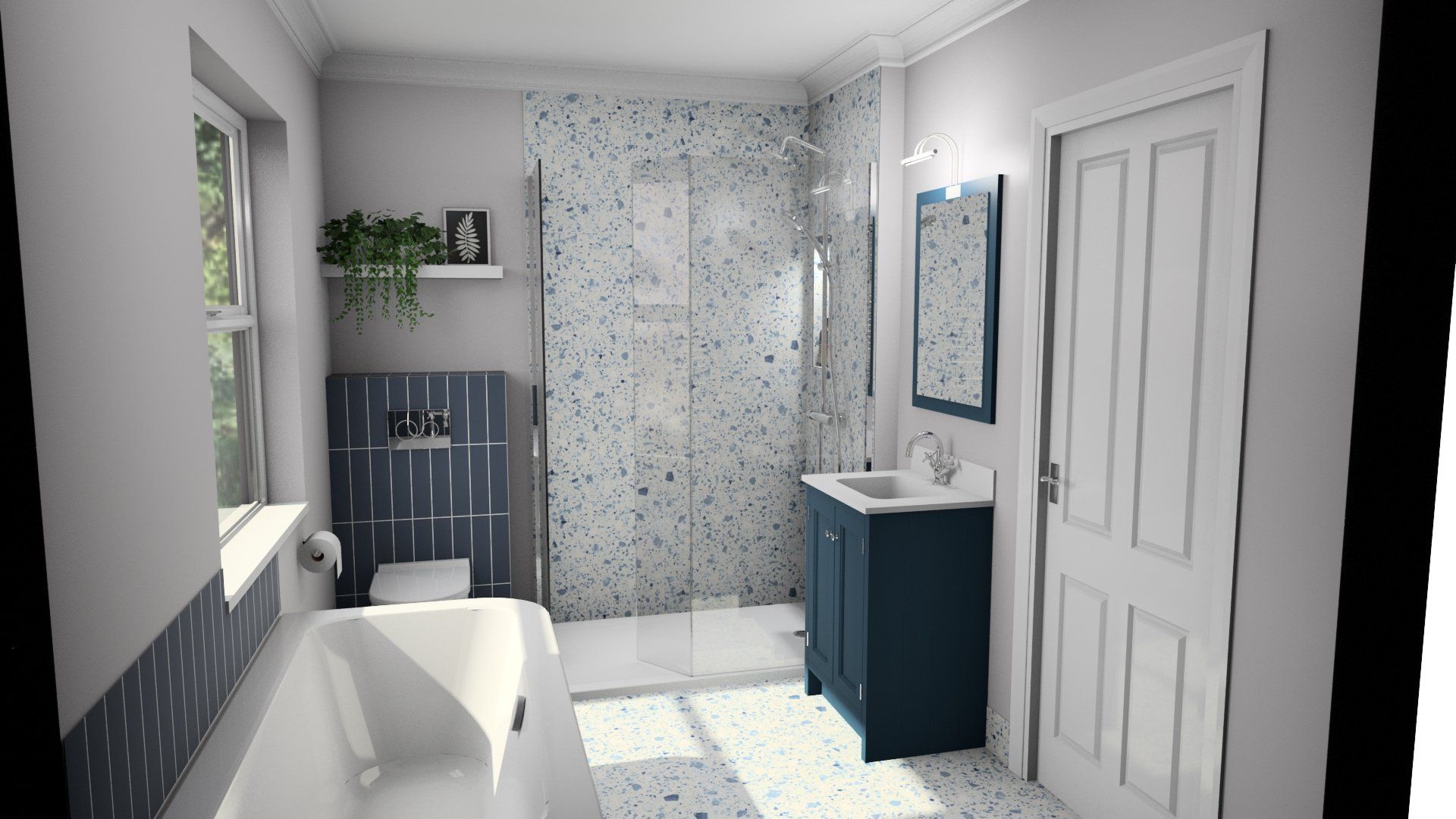 Modern grey bathroom with patterned shower tiles and dark vanity.