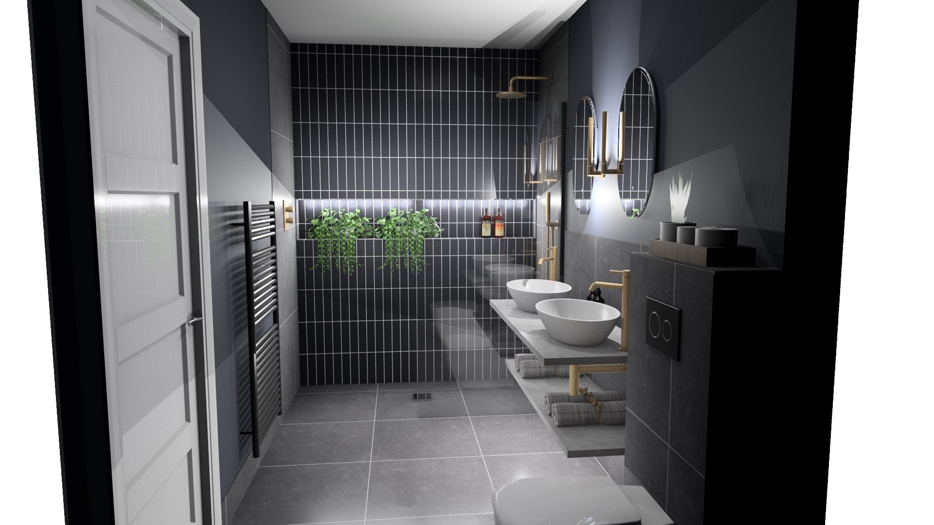 Luxury dark-tiled bathroom with walk-in shower and illuminated vanity.