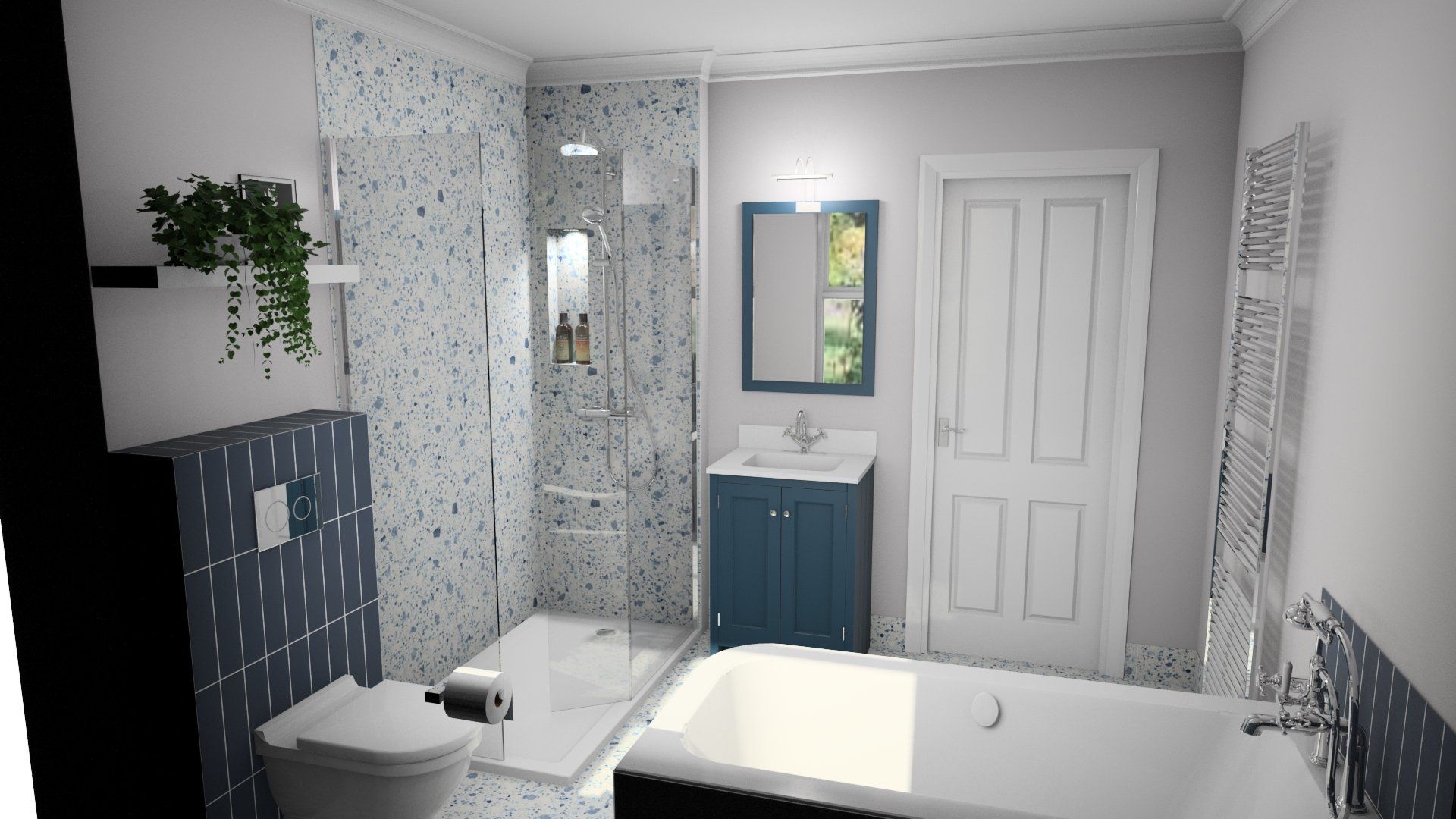 Bright contemporary bathroom with walk-in shower, bath and vanity.