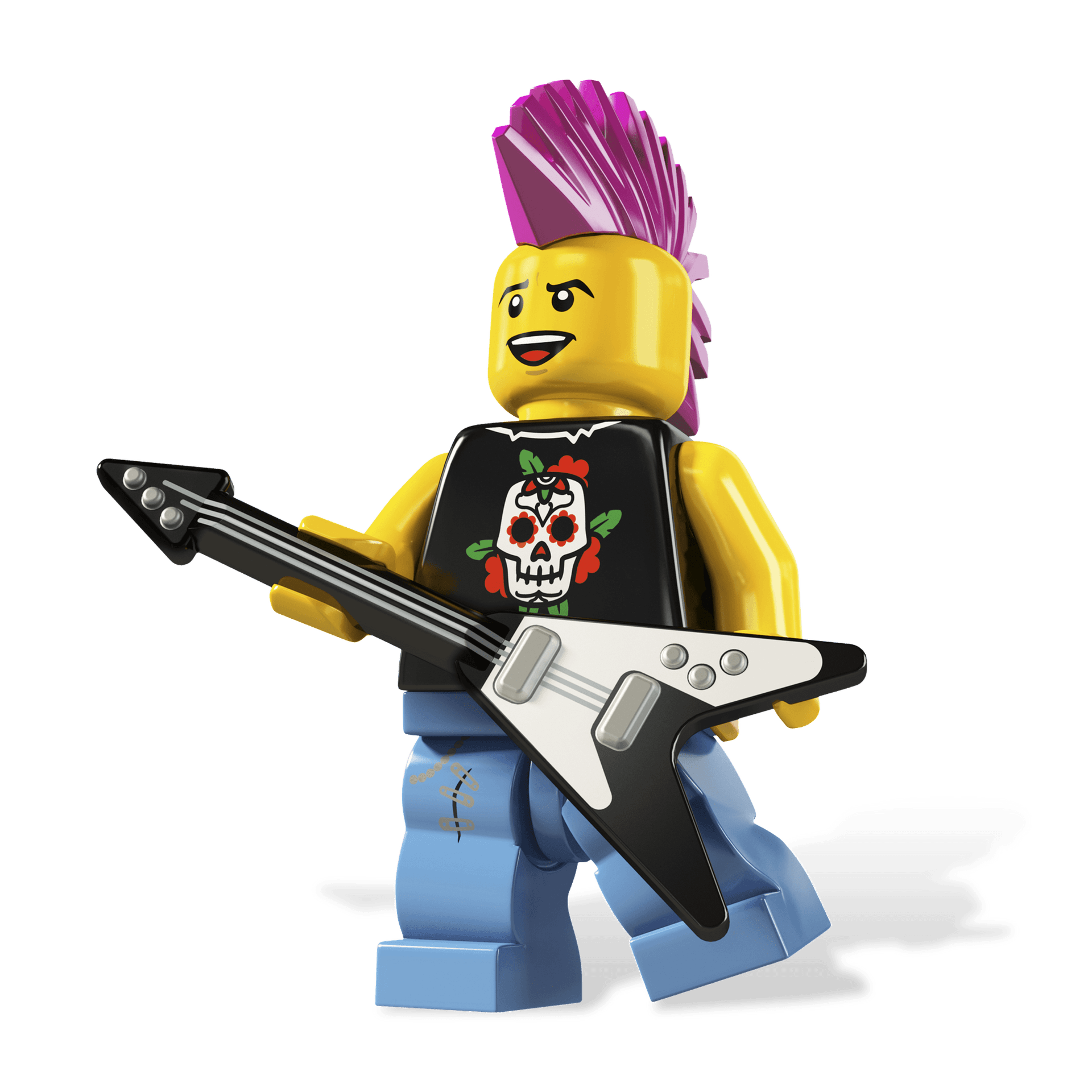 Un omino lego con un mohawk tiene in mano una chitarra
