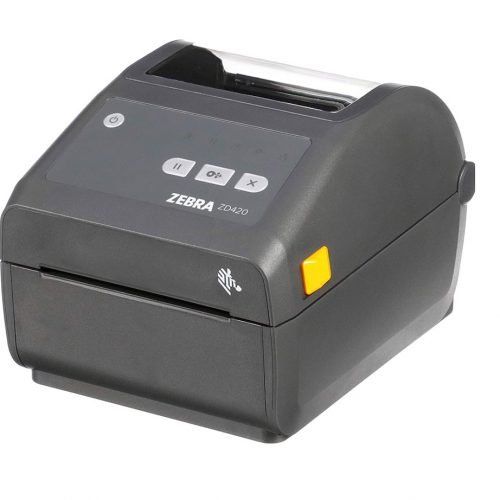 Auf einer weißen Fläche steht ein Zebra ZD420-Etikettendrucker.   | Prismanote Juweliersoftware, Kasse, Shop, ERP