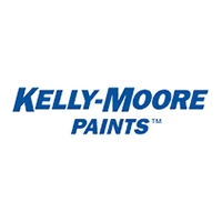 The kelly moore paints logo is blue and white on a white background.
