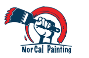 A logo for nor cal painting with a fist holding a paint brush