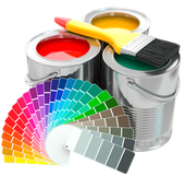 Three cans of paint with a brush and a fan of colors