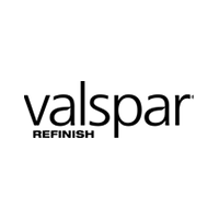 A black and white logo for valspar refinish on a white background.