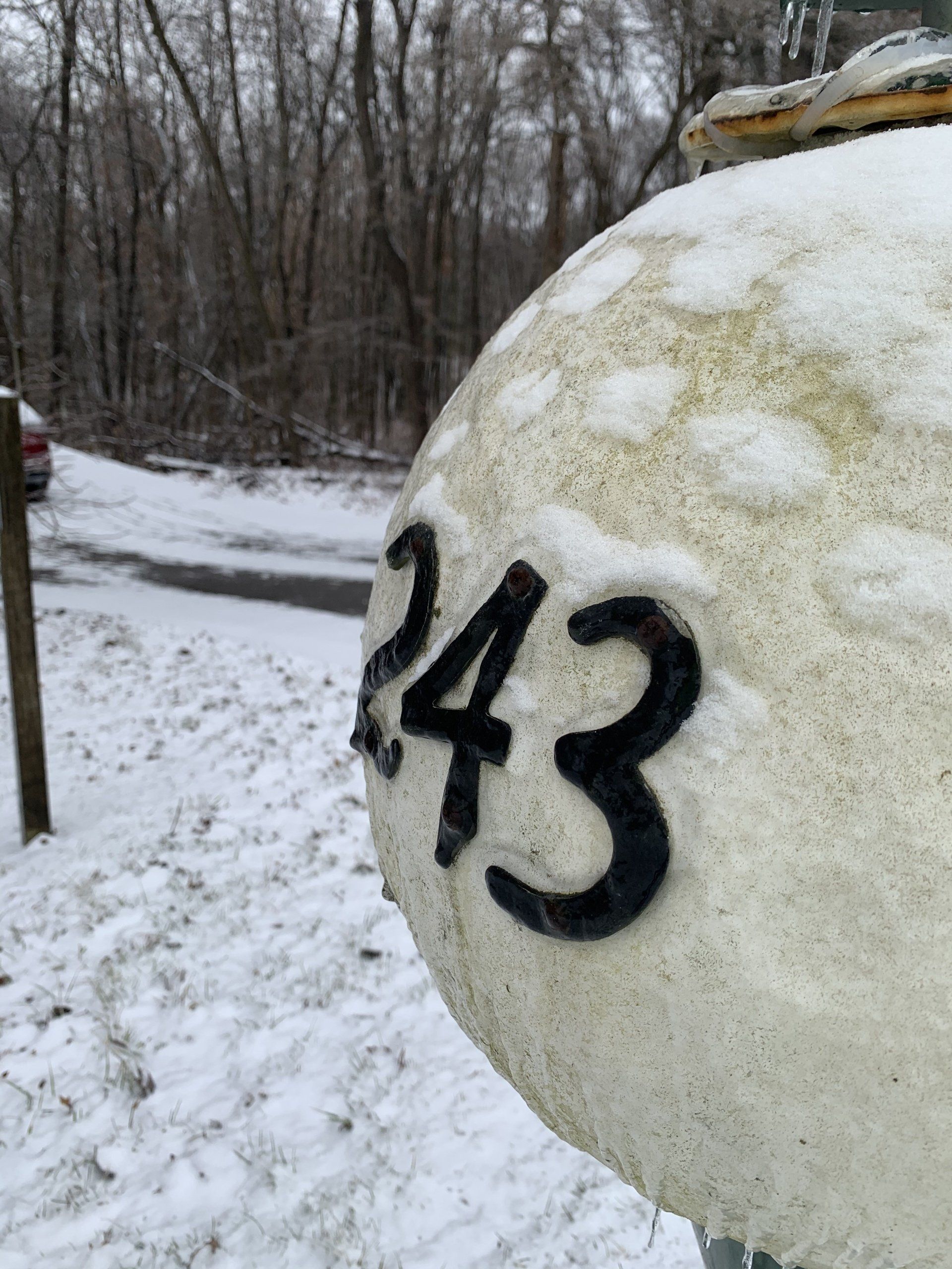 Snow-covered spherical mailbox with address numbers 