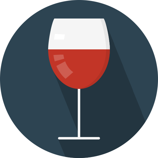Red wine glass filled with red liquid, set against a dark blue circle.