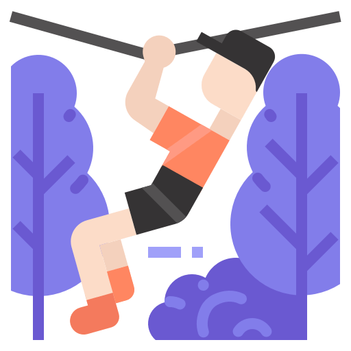 Person in orange shirt and black shorts hanging from a rope in a park.