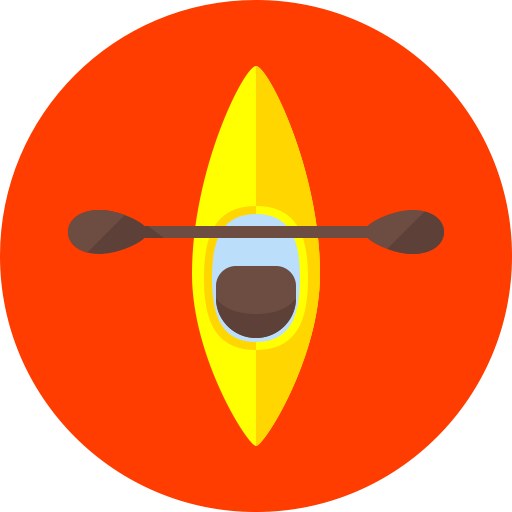 Yellow kayak with brown paddle in front of a red circle.