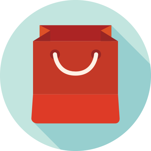 Red shopping bag with a white handle, on a blue background.