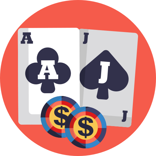 Ace of clubs and Jack of spades cards with two casino chips, red circle.