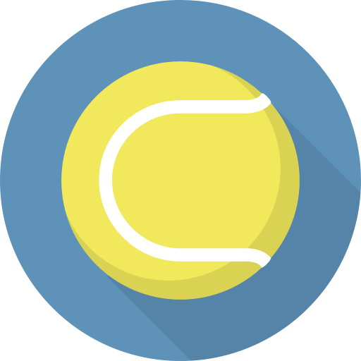 Yellow tennis ball with white curved lines, on a blue circle, with a long shadow.