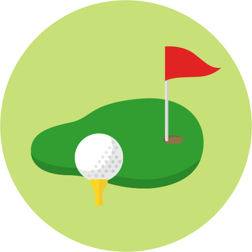 Golf ball on a tee near green with a red flag, set in a green circle.