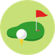 Golf ball on a tee near green with a red flag, set in a green circle.