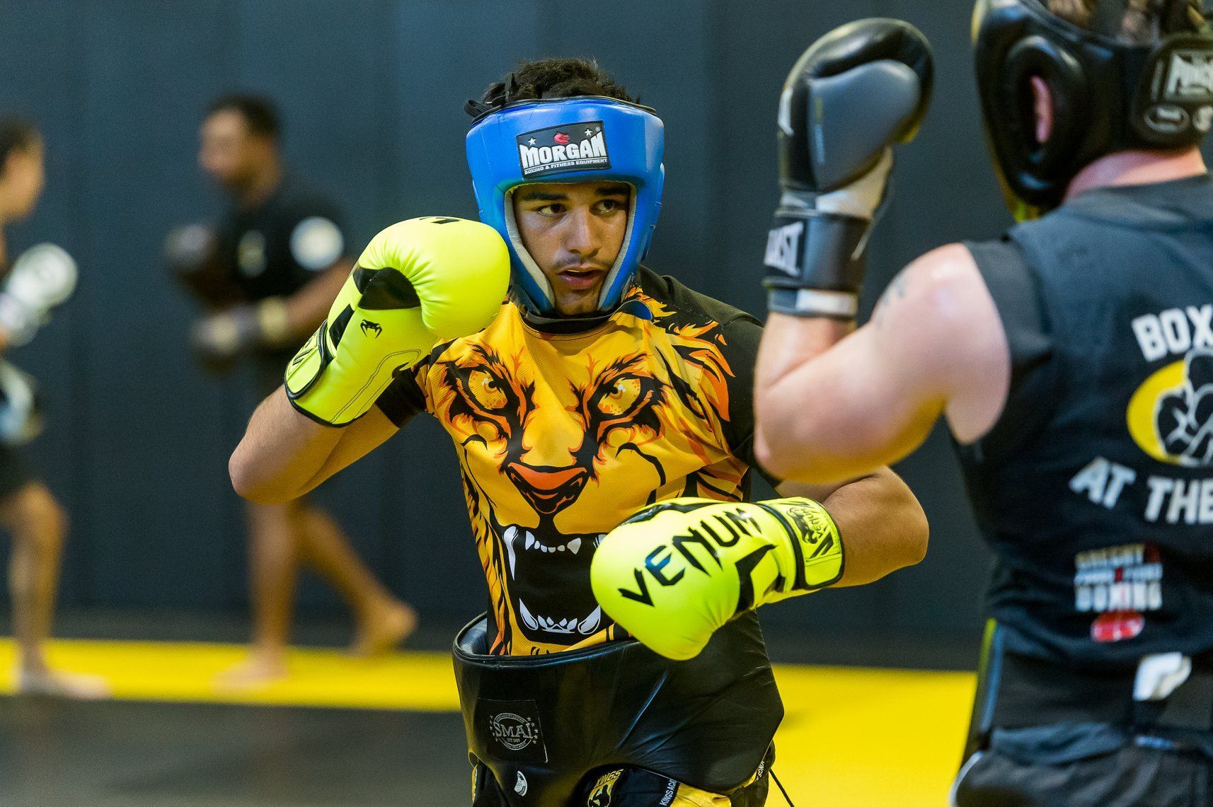 Two kickboxers sparring in a gym, one in a yellow tiger shirt and blue headgear, gloves raised.