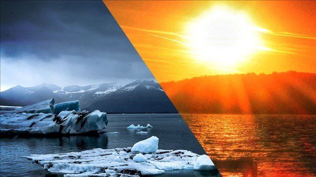 Split scene of icy Arctic water and melting icebergs beside a warm orange sunset over the sea